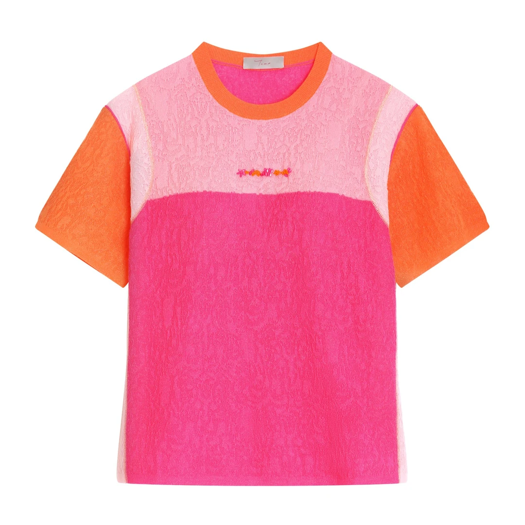 她绽放银丝爽麻蜡染纹样设计上衣暗纹提花拼色毛织高级感T恤毛衣