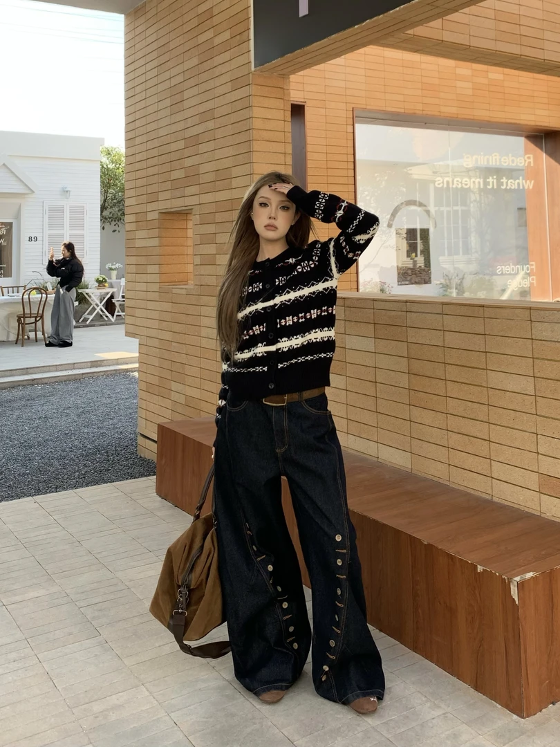 什僖美式复古2025新款设计感多排扣眼弯刀牛仔裤男女男生牛仔裤