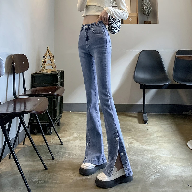 300斤大码胖mm黑色高腰显瘦开叉微喇牛仔裤女ins拖地喇叭裤子女