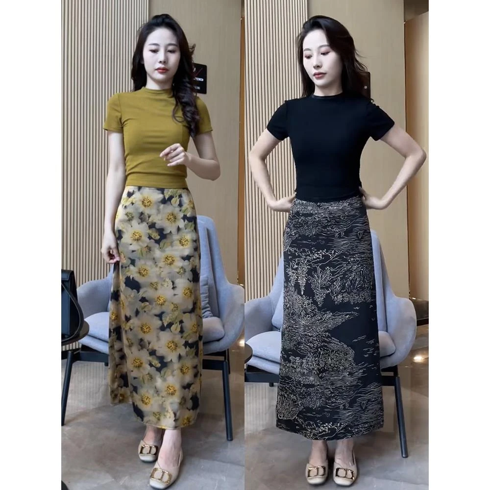 夏季花色后开叉半身裙女高腰显瘦垂感欧货时尚气质长裙字裙