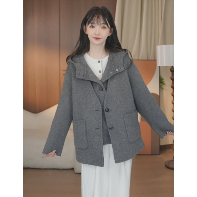 HSTYLE/韩都衣舍25年新款双面羊毛大衣短款时尚休闲外套女