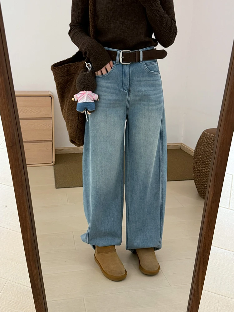 复古简约风渐变色牛仔裤2025冬季新款韩版宽松显瘦休闲直筒长裤女