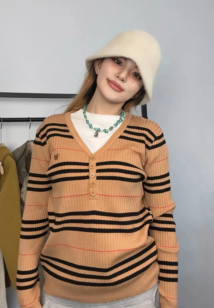 N·G【享受伦敦】撞色翻领条纹针织衫上衣