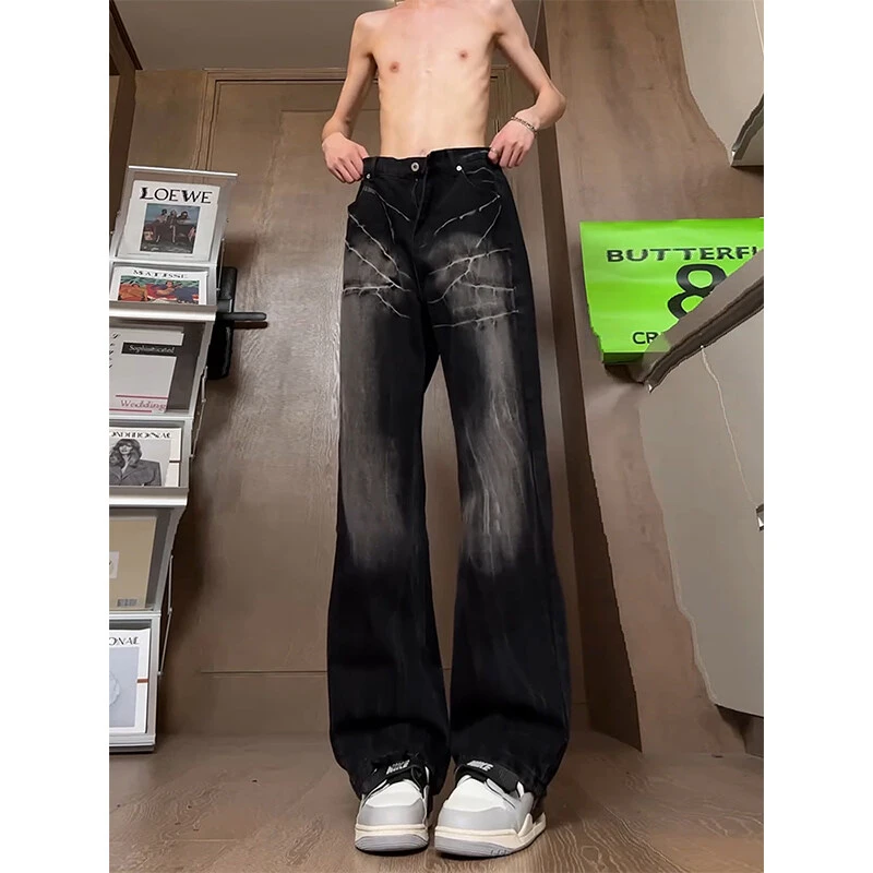 黑色闪电裂纹牛仔裤男夏季高腰美式高街vibe潮牌痞帅直筒微喇裤子