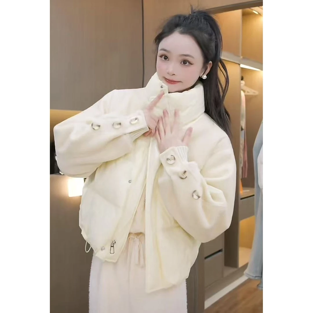【秀宝女装】甜美风百搭毛呢拼接棉服外套XB4960
