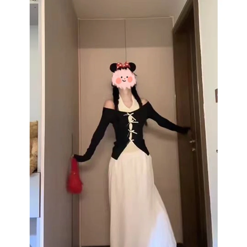 大码针织衫女早春蝴蝶结假两件上衣半身裙两件套8001#