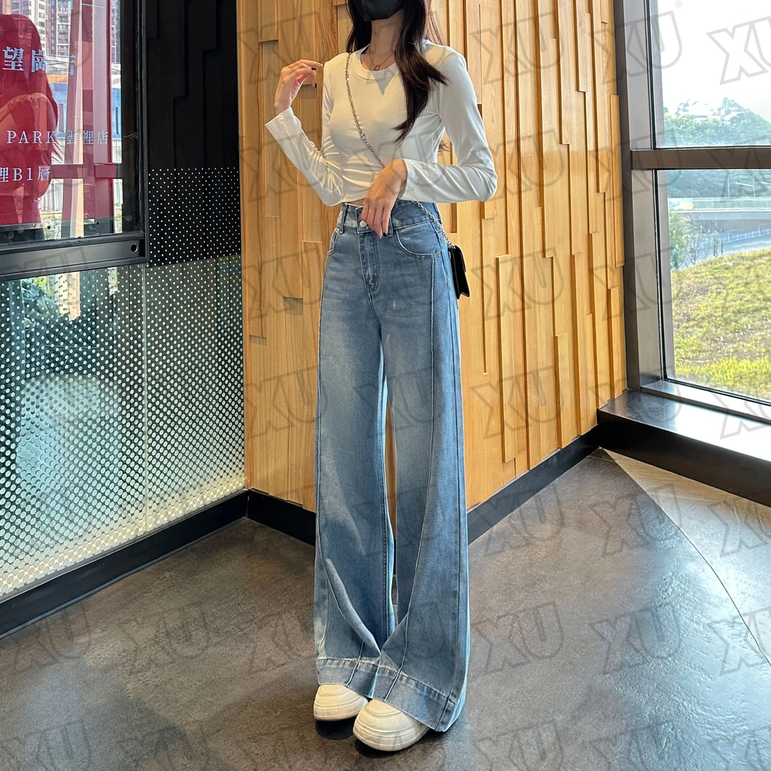 7468 W春季压线显瘦阔腿牛仔裤女直筒垂感高腰百搭时尚拖地裤