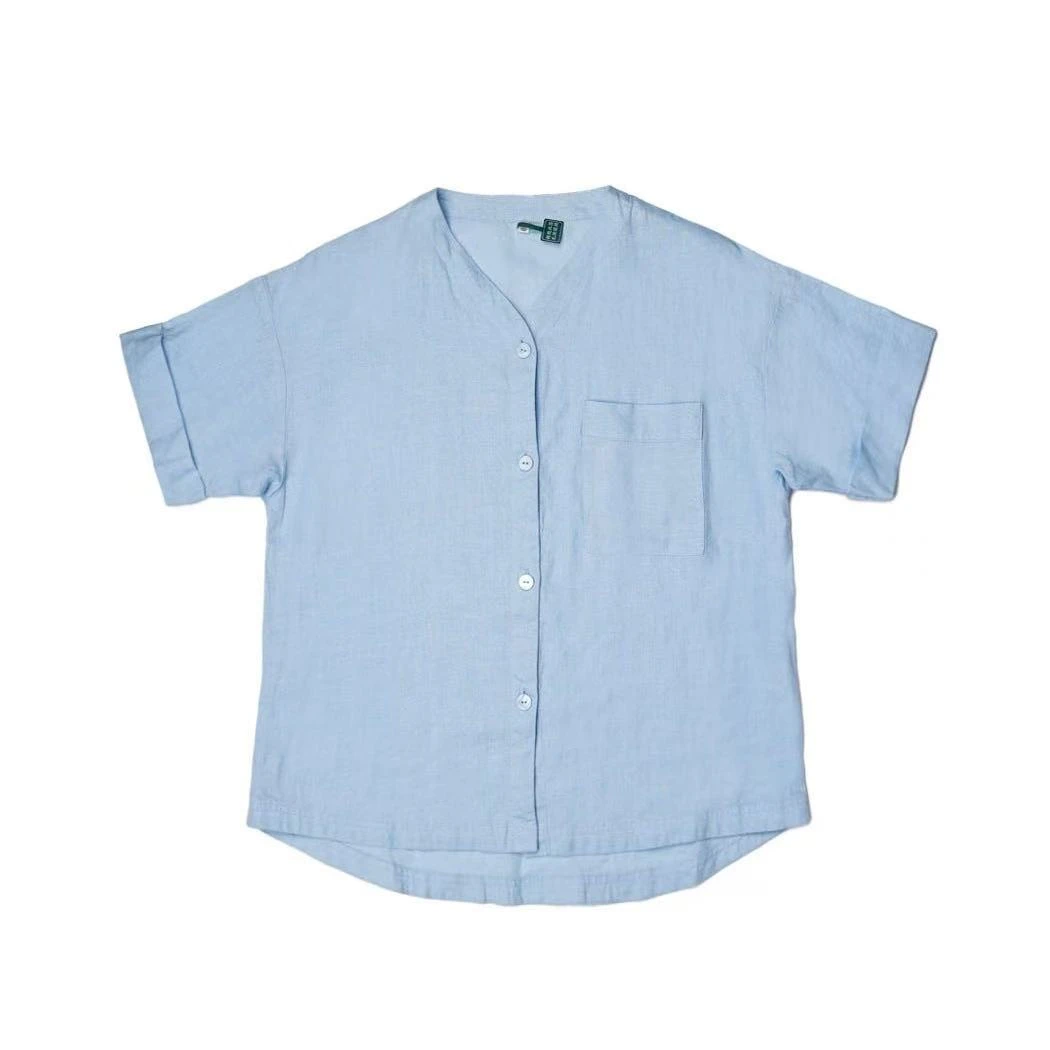 HT205纯汉麻水蓝色女士短袖套装