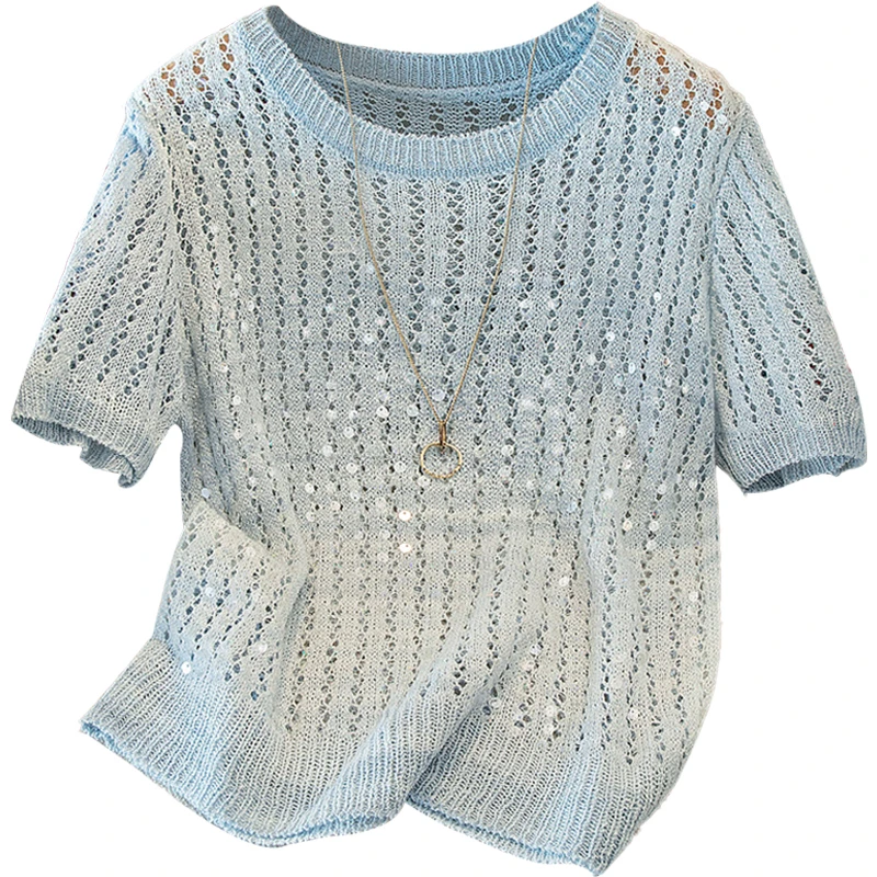 丝柏舍2025夏季新款女装时尚镂空短袖套头圆领针织衫S52X4821Z