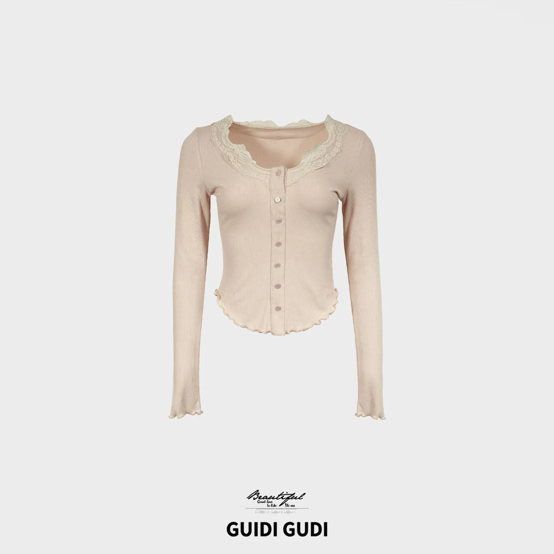 GUIDI GUDI【花漾季】时尚蕾丝拼接休闲长袖/黄加蓝