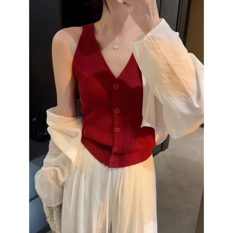 红色v领冰丝针织挂脖小吊带背心女夏外穿高级感短款无袖美背上衣