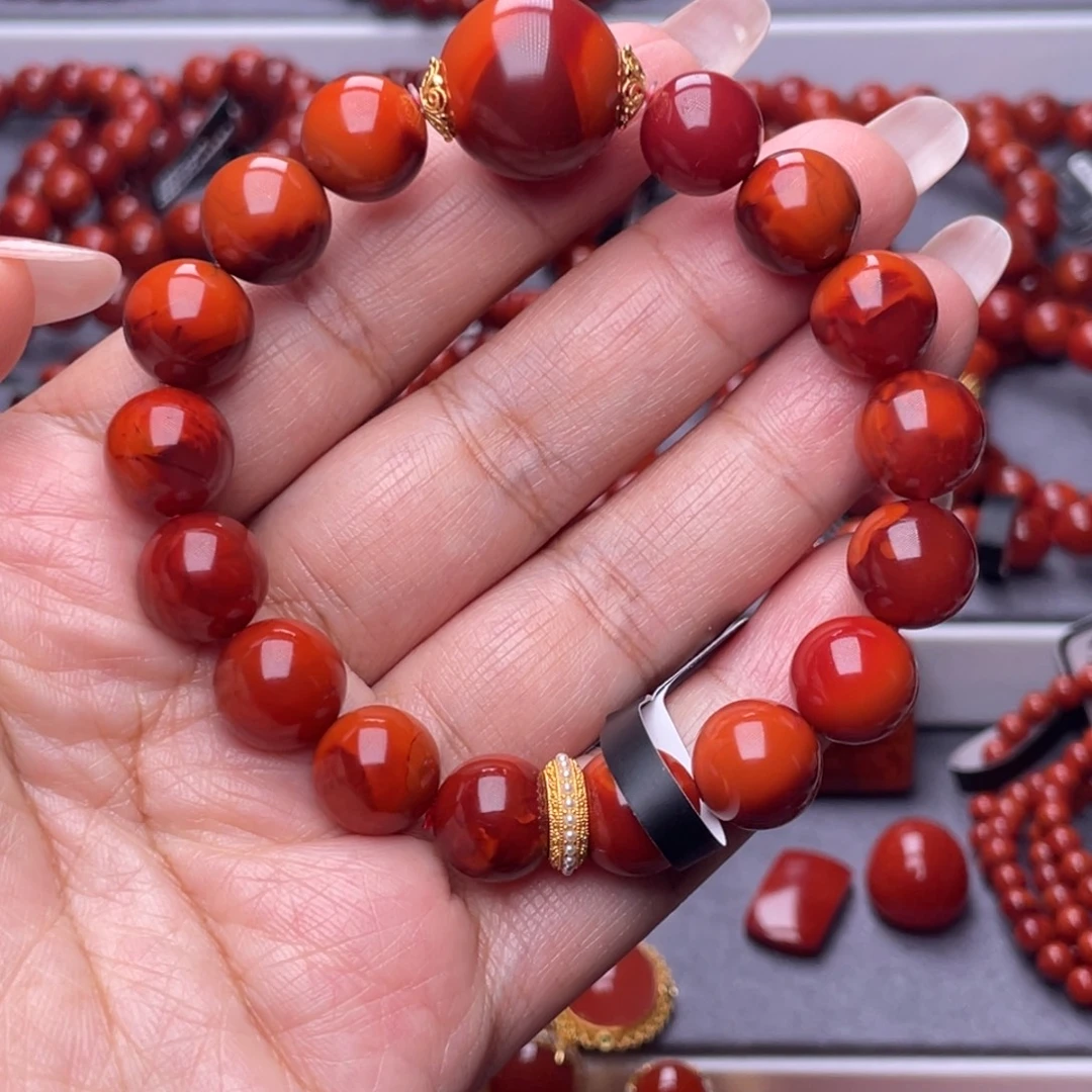 南红玛瑙未镶嵌其他W11.5mm原矿柿子锦双色DIY单圈