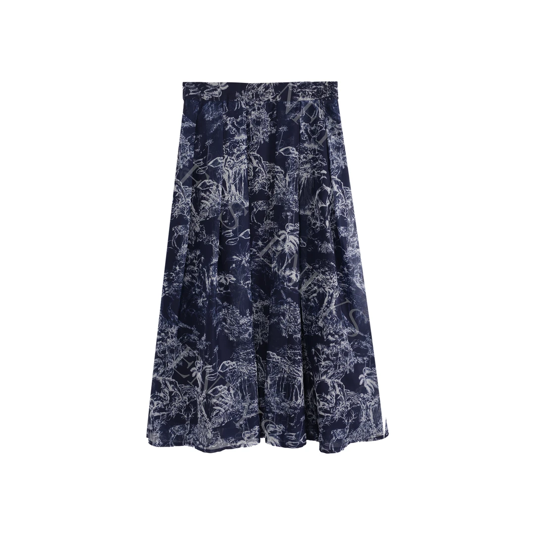 藏青色丛林系列高级感松紧腰口袋A摆半身裙中长款伞裙5001