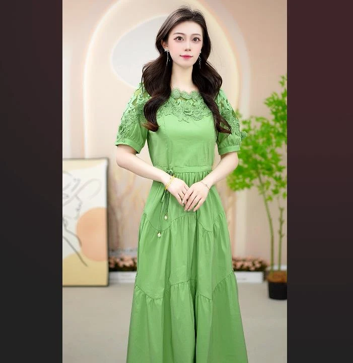 高腰夏季常规极简风纯色连衣裙长裙蕾丝复古显瘦气质