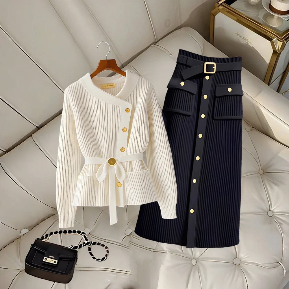 法式白色小香风针织衫女秋冬季高级感时尚减龄黑色半身裙两件套装