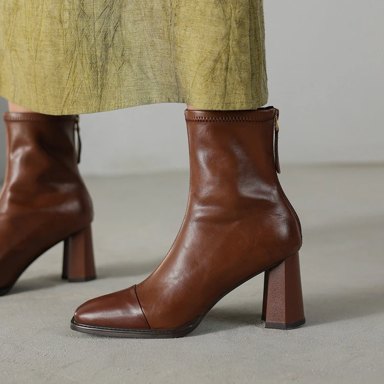 7.3cm~方头时尚瘦瘦靴粗跟短靴秋冬单靴高跟鞋百搭女鞋气质时装靴