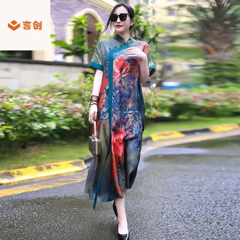 319短袖新中式立领改良旗袍连衣裙夏季原创宽松大码印花真丝长裙