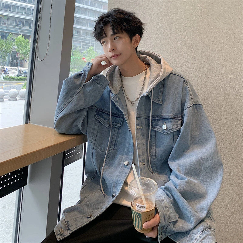 @MAX2025春男士青少年连帽可拆卸牛仔宽松外套休闲百搭牛仔夹克