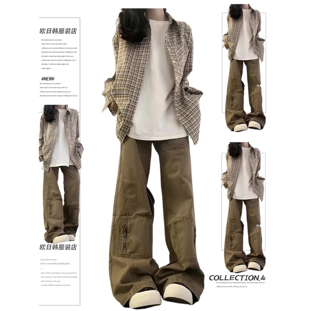 美式复古卡其色工装微喇牛仔裤女春季2025新款设计感宽松阔腿长裤