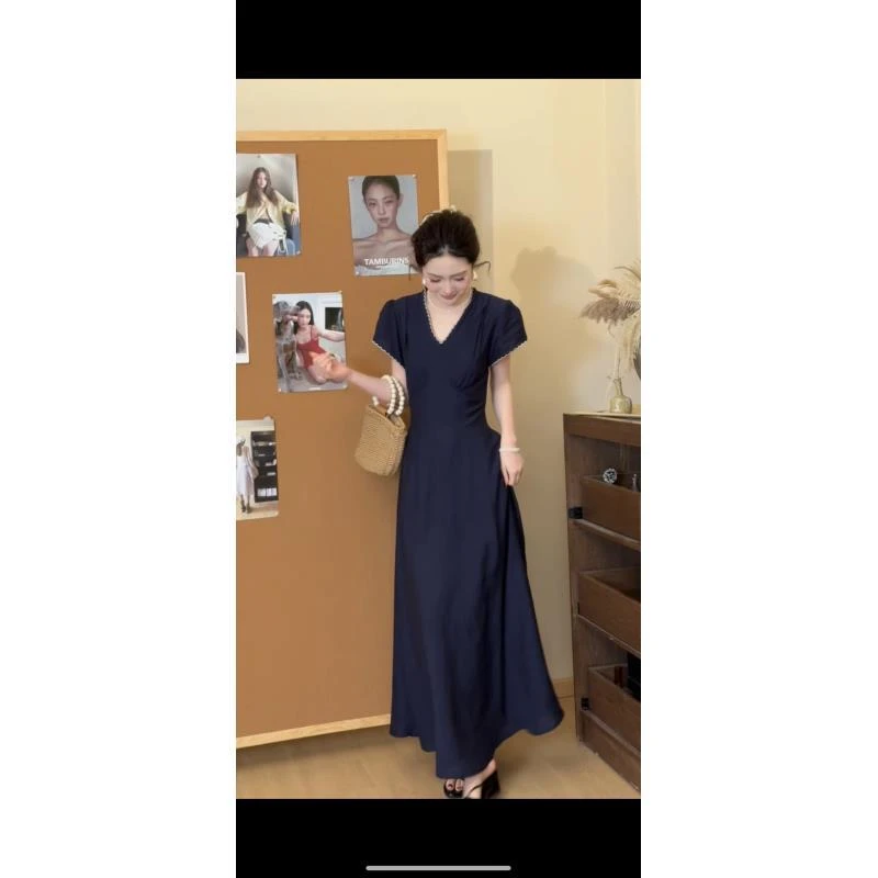 【蓝调的故事】夏季时尚收腰优雅法式休闲连衣裙短袖修身长裙