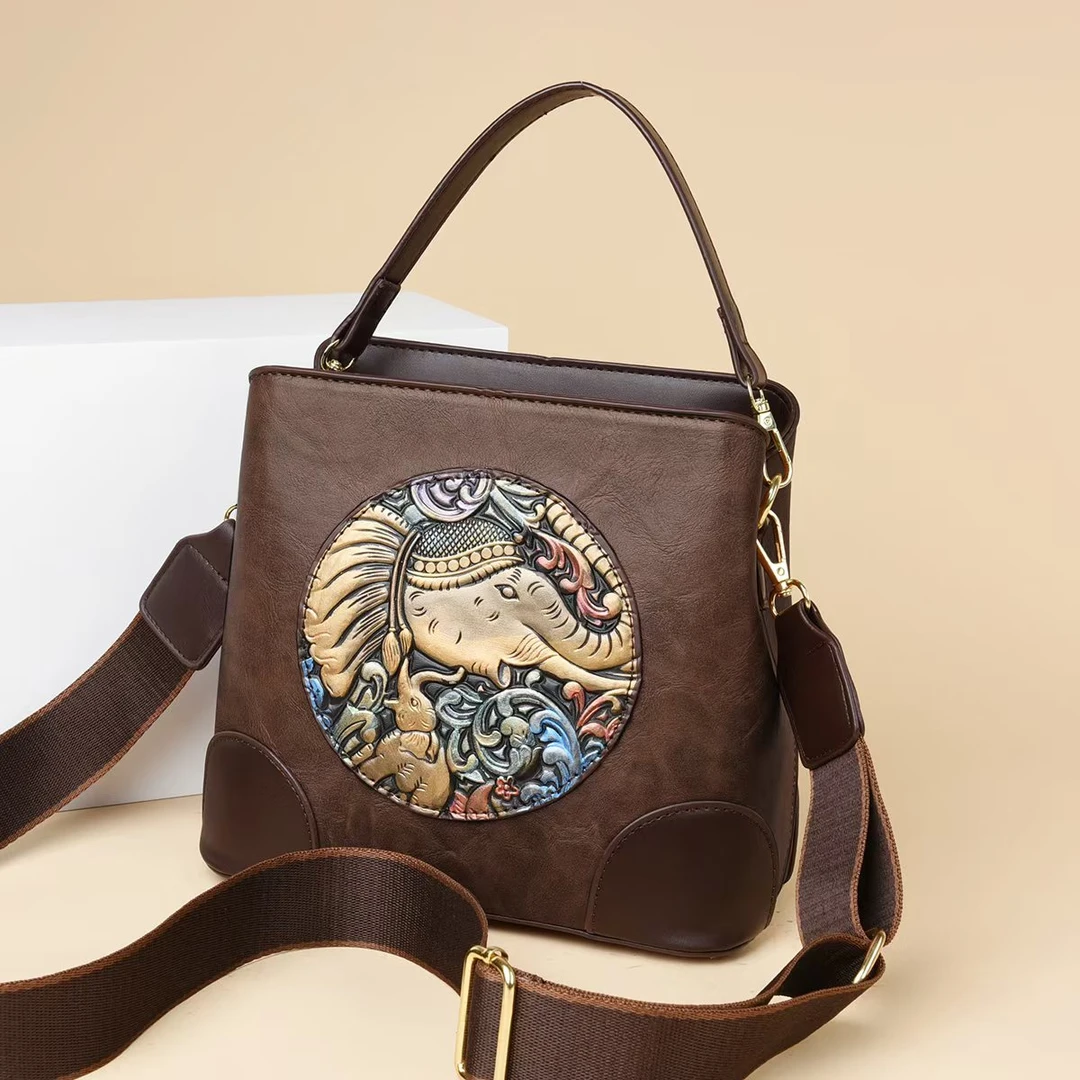 新款时尚复古水桶包韩版休闲百搭单肩斜挎包8347咖色