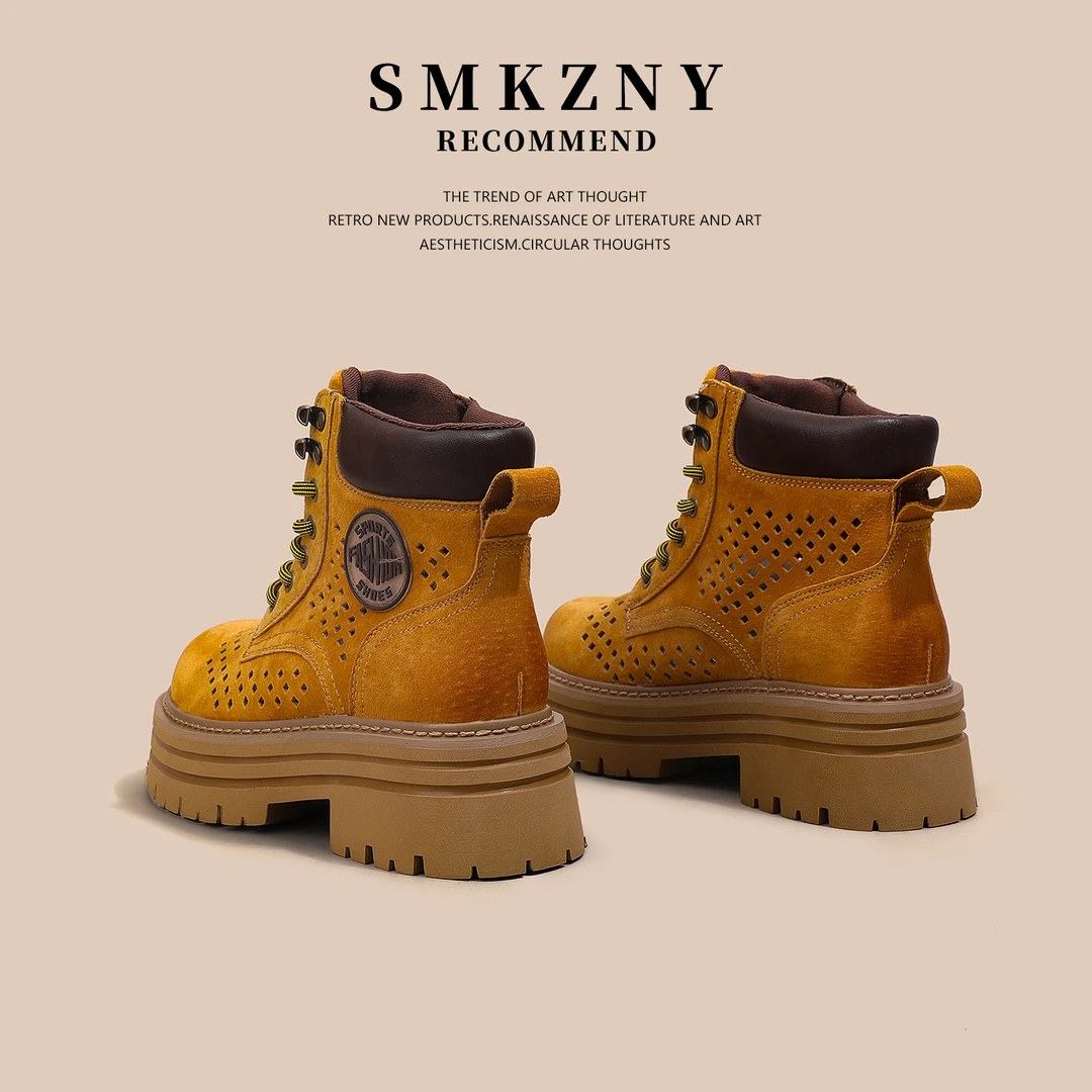 黄色厚底马丁靴女鞋短靴薄款2025新款夏季百搭镂空凉鞋大黄靴-922