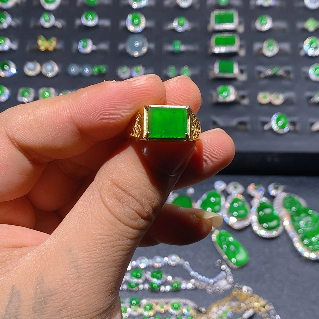 翡翠银S925镀金镶嵌戒指