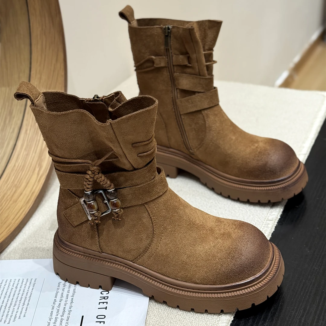 潮流爆款流苏厚底废土风短靴女2025新款秋冬西部超火美拉德马丁靴