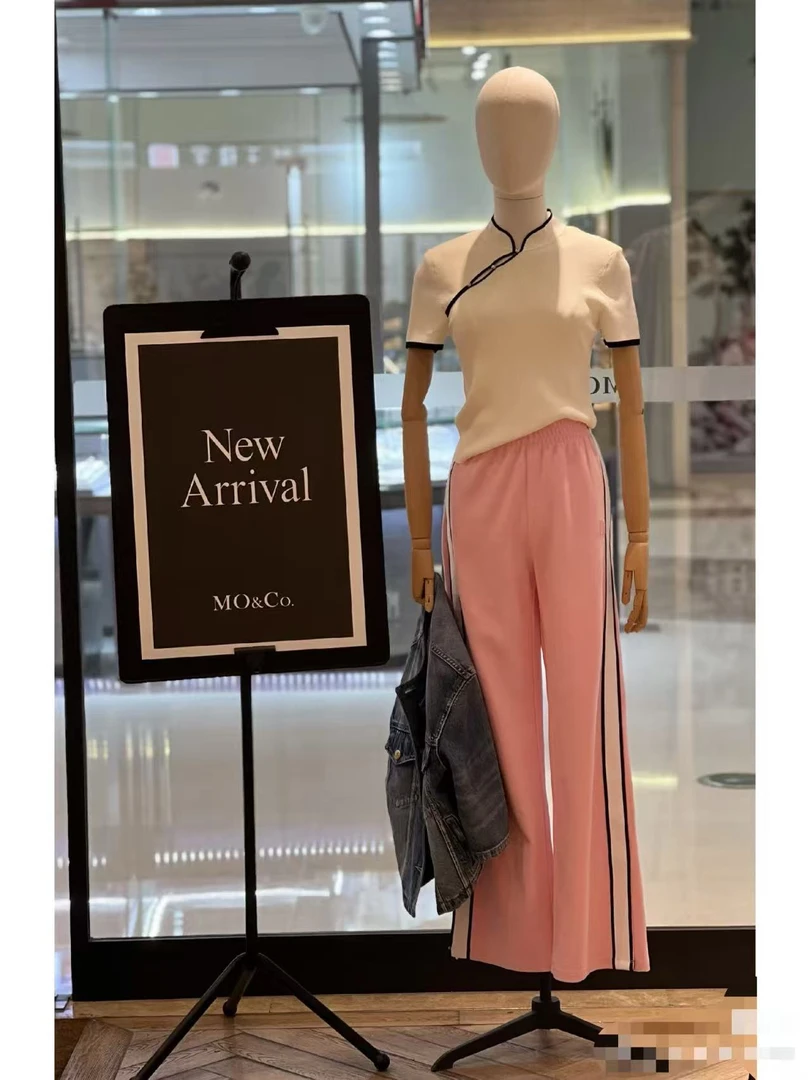 薄款高腰松紧撞色条纹直筒雪纺开衩长裤女B2-9