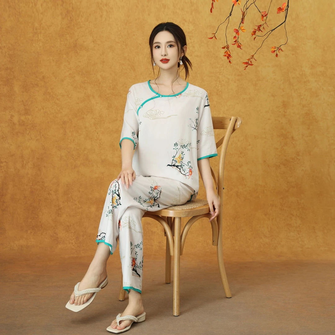【莱赛尔】布料中国风睡衣宽松春夏长袖复古夏季休闲印花家居服套装