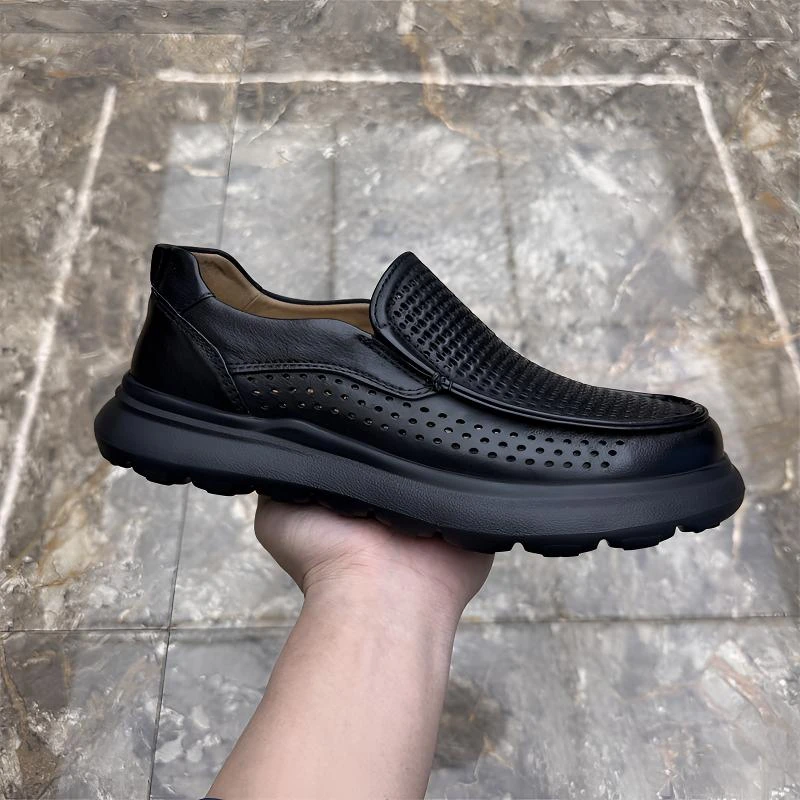 2025夏季新款真皮男士打孔透气一脚蹬懒人休闲皮鞋时尚厚底乐福鞋