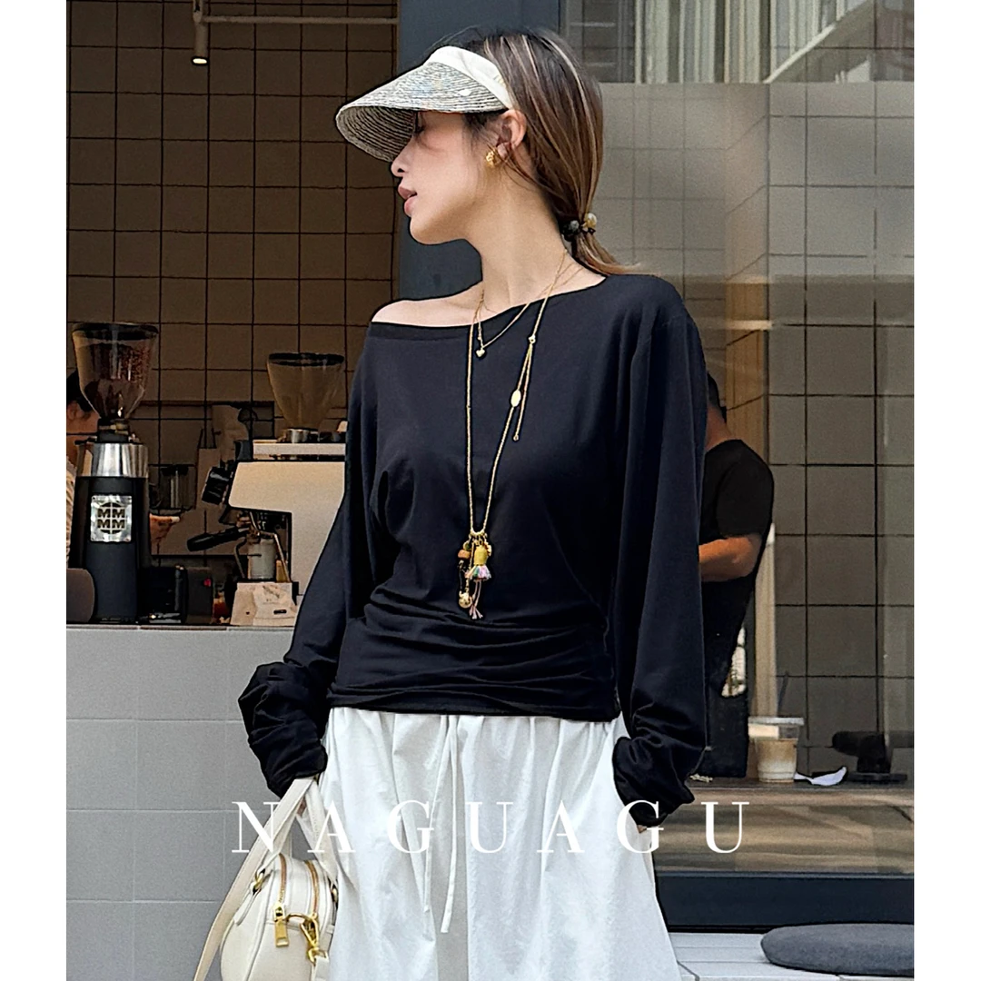 【面膜锁骨T】高含量天丝 大圆领上衣捏褶收腰长袖T恤FY1TX0031-A