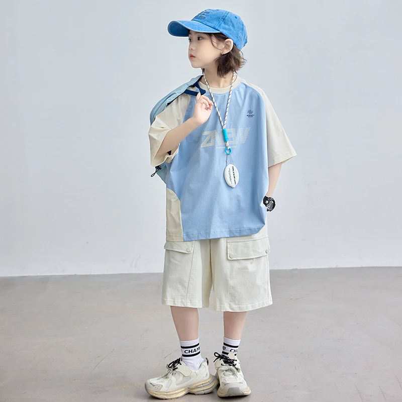 男童夏季套装2025新款儿童拼色短袖短裤两件套夏装衣服中大童薄款