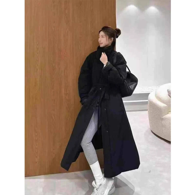 立领长款风衣羽绒服女2025冬季新款90白鸭绒大衣宽松韩系外套黑色
