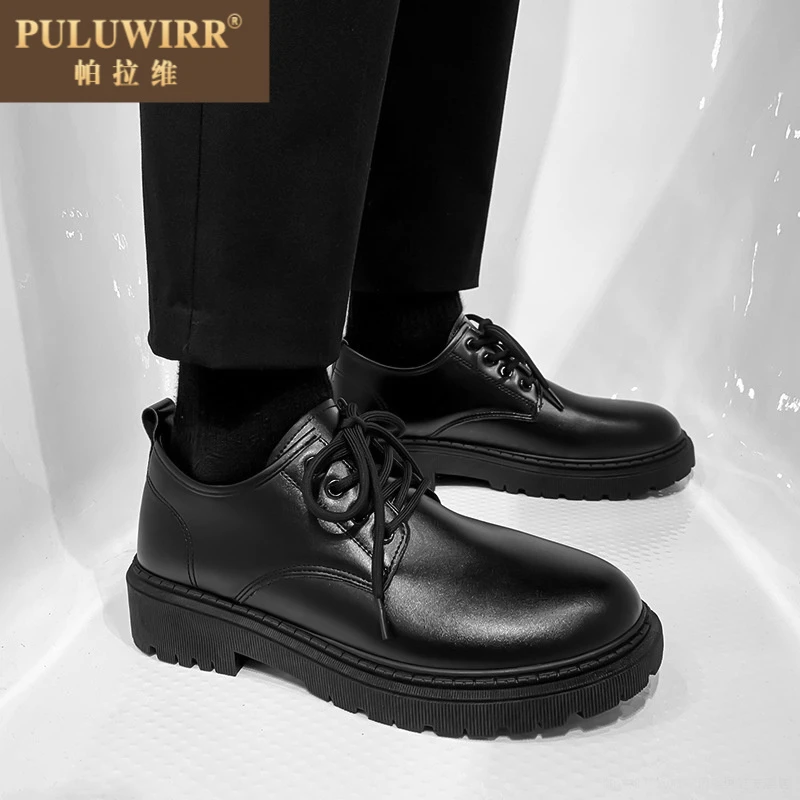 西装皮鞋男款春季英伦风商务正装学生增高休闲软底防水黑色大头鞋