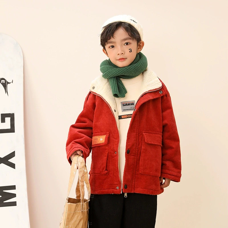 米西果童装加厚加绒男童外套冬季2024新款红色拜年服