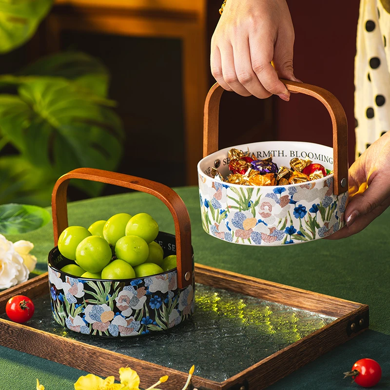鸢尾花水果篮家用陶瓷果盘客厅茶几精致高颜值手提篮碗零食摆放盘
