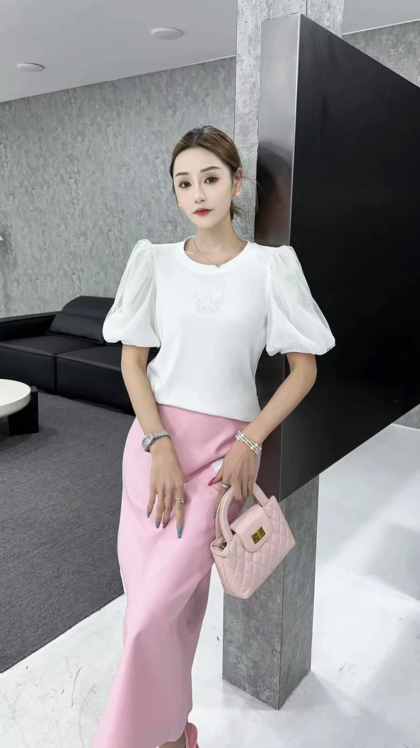 抗起球泡泡袖镂空T恤6053