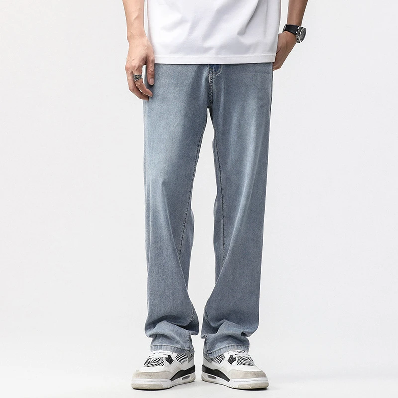 胖哈哈大码莱赛尔轻薄夏季新品弹力宽松加长版垂感直筒裤男士
