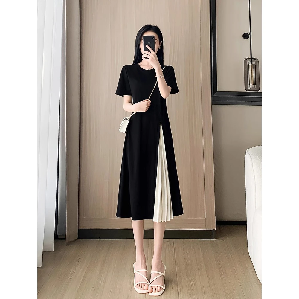 时尚拼接黑色连衣裙女夏季2025新款轻奢高级感气质中长款a字裙子