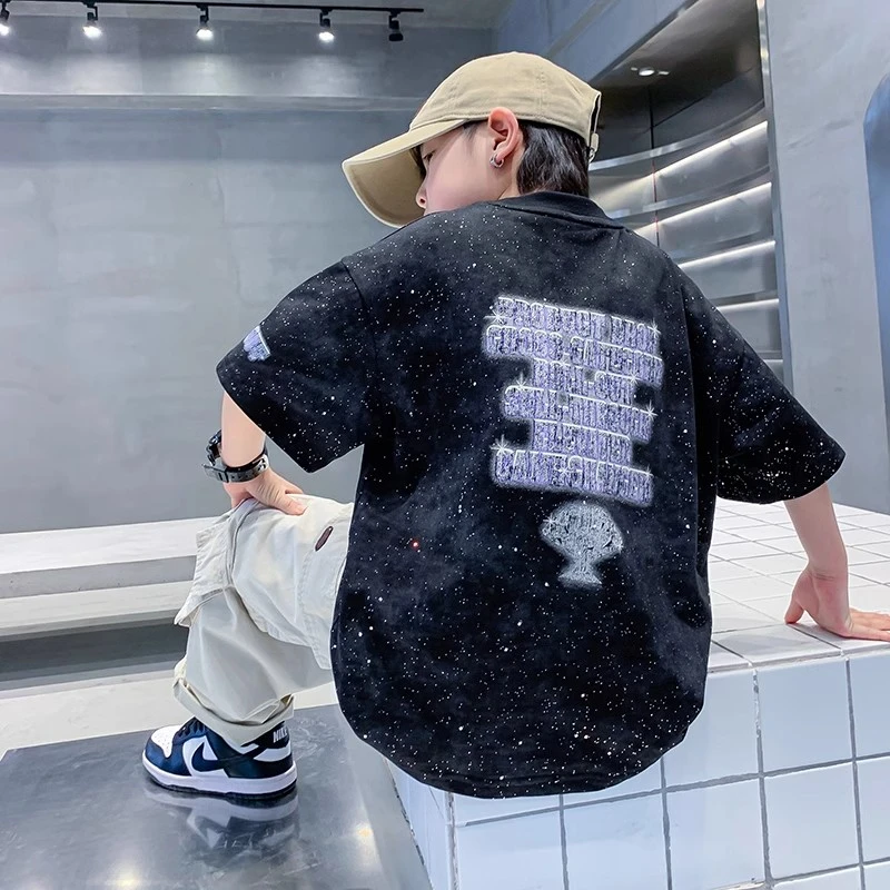 男童夏季潮酷渐变纯棉短袖T恤2025新款儿童男孩夏装痞帅半袖上衣