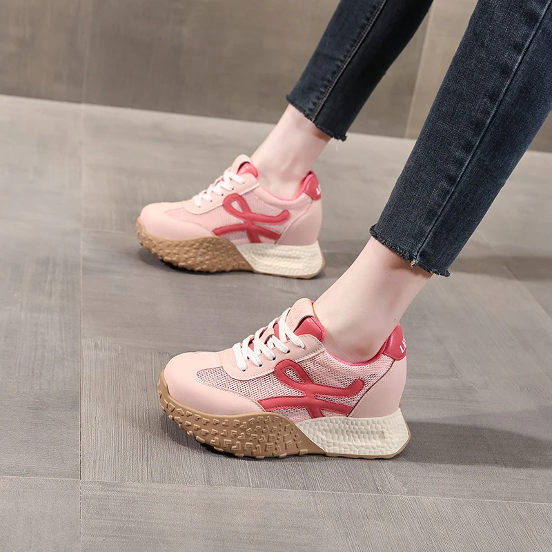 【增高8CM】厚底小个子单网面透气阿甘运动休闲鞋女2025夏季真皮