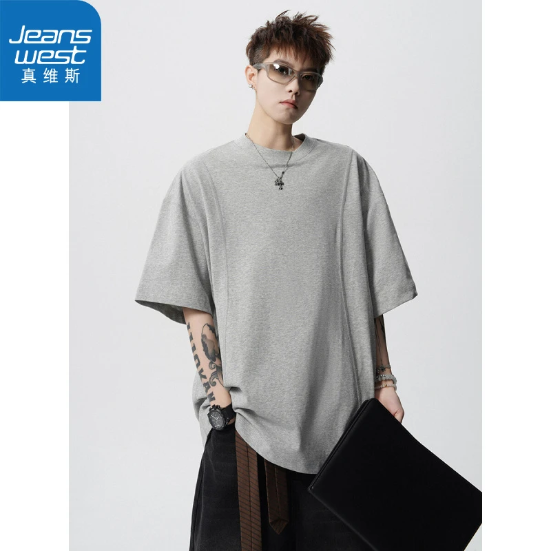 真维斯活页剪裁短袖T恤男春美式高街解构圆领套头衫潮牌设计感宽