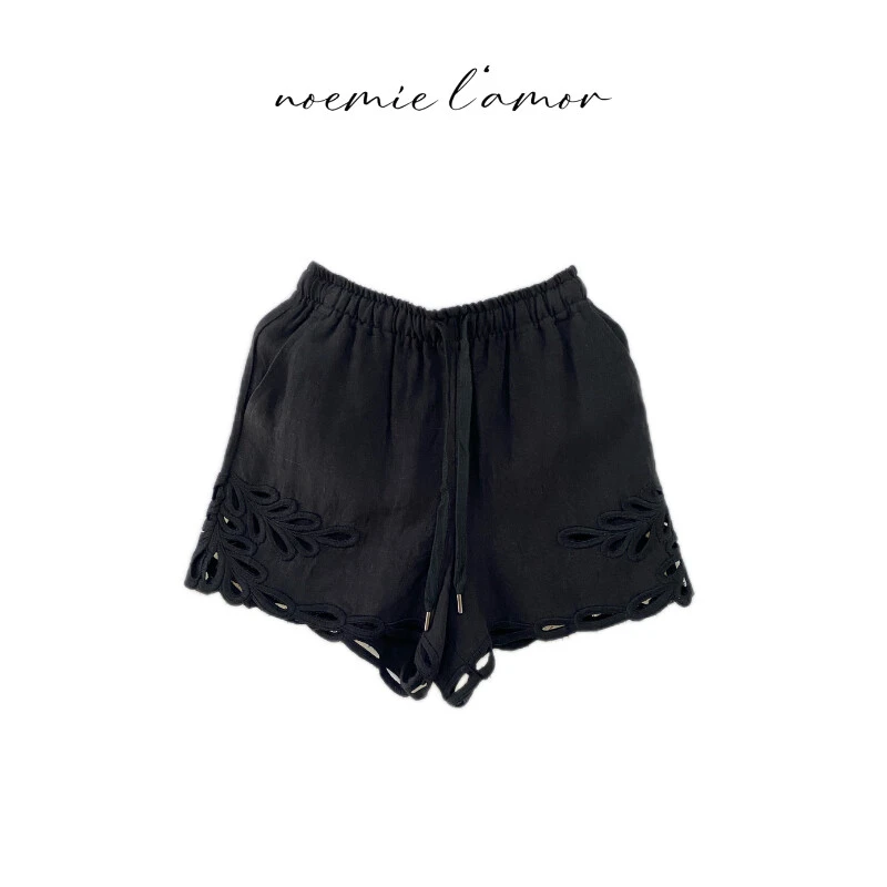 7025A诺糸松紧腰镂空抽绳短裤女2025复古千金