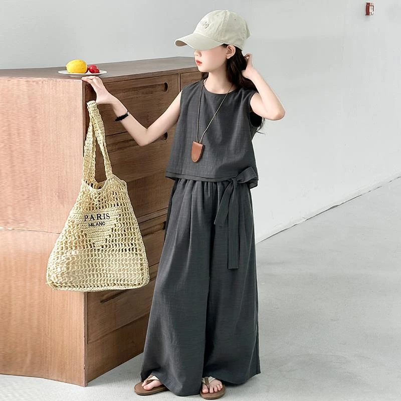 女童夏季无袖套装2025新款女孩大童韩系穿搭儿童夏装慵懒风阔腿裤