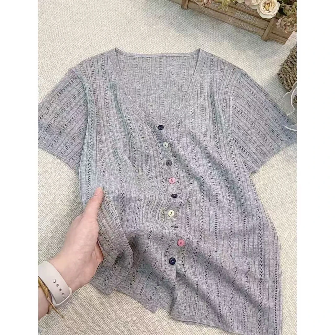 丽丽家~彩扣灰开衫薄款短袖时尚百搭夏季镂空上衣