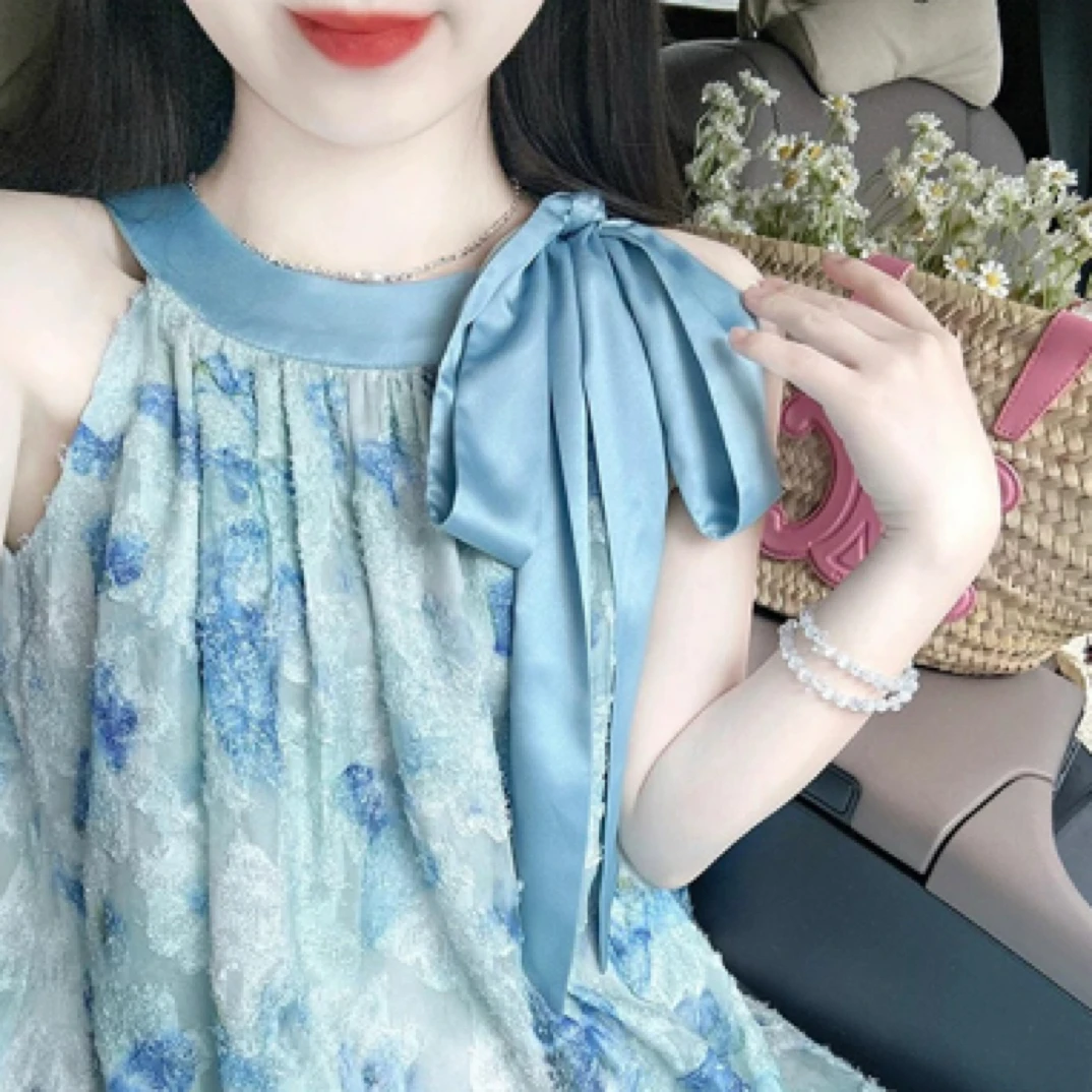 夏季清新度假风蝴蝶系带挂脖仙女风蓝色连衣裙