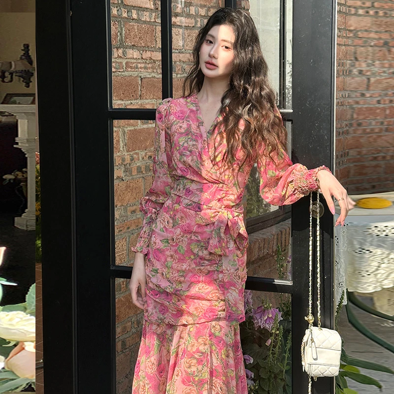 法式玫瑰碎花连衣裙春季新款复古雪纺长裙气质显瘦收腰绝美高级感
