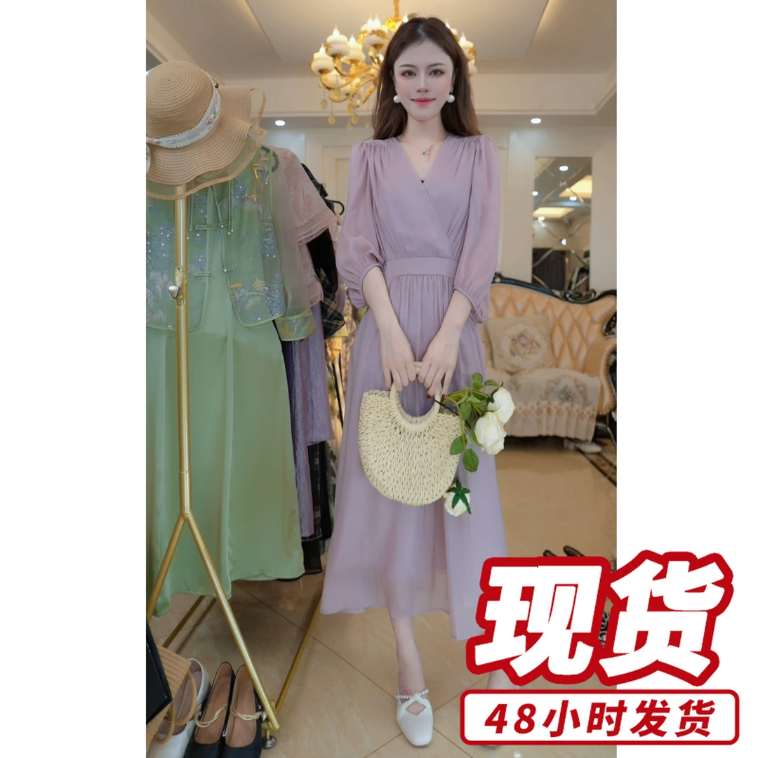 高端I气质连衣裙女装2025夏季收腰法式高级长裙D5071