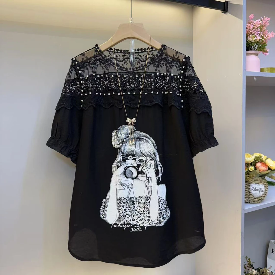 欧货2025夏大码女装设计感镂空蕾丝拼接印图洋气宽松大衫